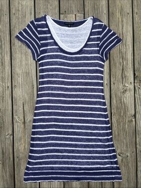 BANANA REPUBLIC Blue & White Nautical Striped Preppy Linen Shirt Dress Size S
